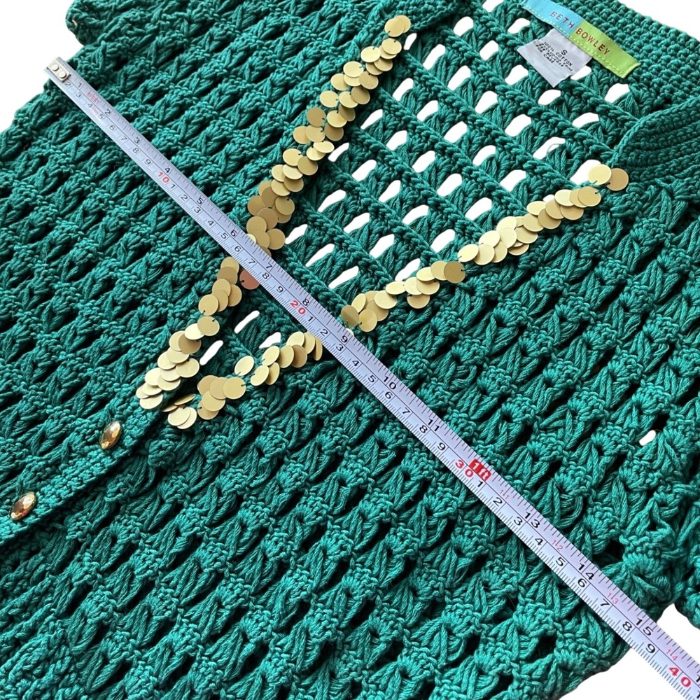 Beth Bowley Crochet Sequin Teal Cardigan Women's Small 100% Cotton Romantic - Picture 8 of 10